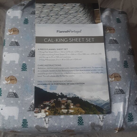 Flannel Portugal Cal. King Grey Background with Animal & Plant Print Sheet Set - Picture 6 of 7